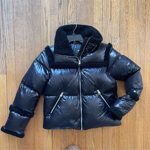 Mackage Miya Down Puffer Crop Coat Black Nylon Fur Trim Size Small
